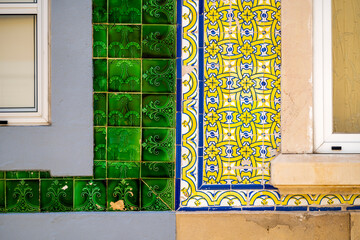 Sticker - Close up of typical tiles on the facade of old houses in Olhao, Portugal