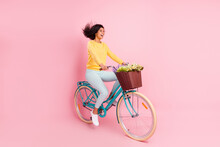 Portrait Of Pretty Cheerful Girl Riding Bike Having Fun Fast Speed Motion Isolated Over Pastel Pink Color Background