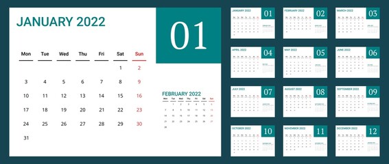 2022 calendar with simple design. vector of calender 2022.corporate desk calendar ready to print. week start on monday. sunday as weekend. good for daily log, business, timetable, planner, etc.