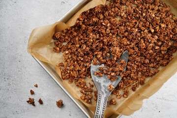 Wall Mural - Homemade Chocolate cocoa Granola - healthy breakfast concept, selective focus