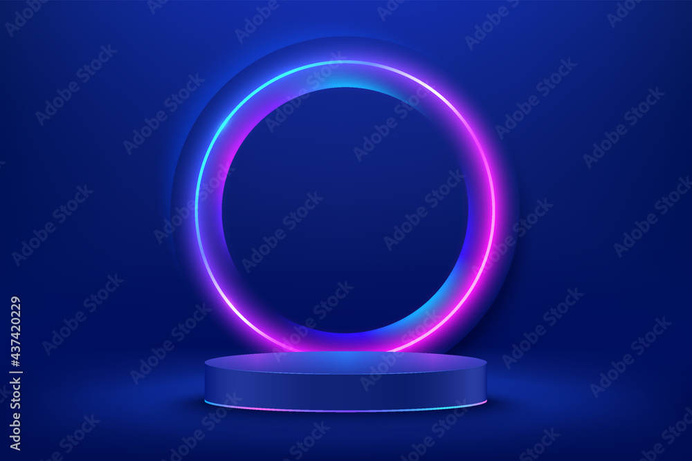 Abstract shiny blue cylinder pedestal podium. Sci-fi blue abstract room concept with circle glowing neon lighting. Vector rendering 3d shape, Product display presentation. Futuristic wall scene. - obrazy, fototapety, plakaty 