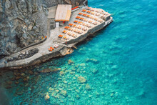 Positano Beach On The Amalfi Coast In Italy. Top Down Aerial View. Amalfi Coast Is Most Popular Travel And Holiday Destination In Europe. Landscape With Famous Amalfi Coast. Italian Summer Paradise.