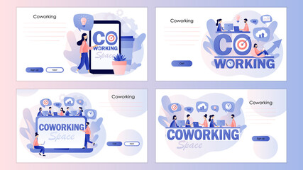 Wall Mural - Co-working space. Tiny people working on laptops, computers, smartphones on modern office workplace. Screen template for landing page, template, ui, web, mobile app, poster, banner, flyer. Vector