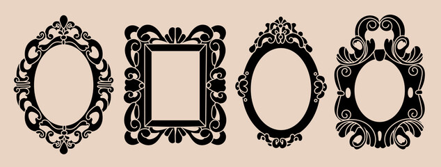 Set of various decorative Frames or borders. Different shapes. Photo or mirror frames. Vintage, retro concept. Elegant, modern style. Hand drawn trendy Vector illustration. All elements are isolated