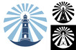 sea marine coastal lighthouse illuminates way. Safe and secure route selection in shipping area. Vector