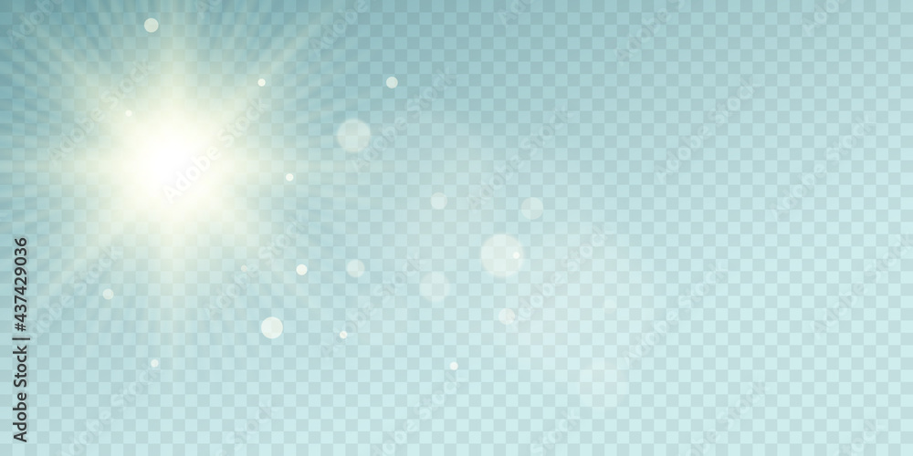 Sunburst effect isolated on blue transparent background. Clear sunbeams with glare. Summer sun with abstract lights bokeh. Light effect. Vector illustration. - obrazy, fototapety, plakaty 