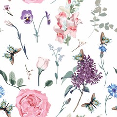 Wall Mural - Seamless floral pattern with multi-colored garden flowers, leaves and wild flowers on a white background. Hand drawn, high realistic,spring flowers for fabric, prints, decoration, invitation cards.