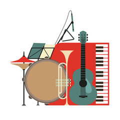 Wall Mural - Musical instruments flat color vector icon. Live music jazz fest cartoon minimal style design element. Vintage musical event equipment emblem template. Concert advertisement background illustration