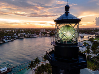 Wall Mural - aerial drone of Hillsboro inlet, Florida with lighthouse and city

