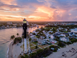 Wall Mural - aerial drone of Hillsboro inlet, Florida with lighthouse and city


