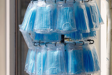 Health Care And Protection Concept, Packages Of Light Blue Surgical Face Mask Hanging On The Shelves, Procedure Or Medical Mask At Market Stall, Prevent Coronavirus (COVID-19) Spreading.