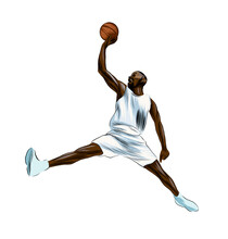 Abstract Basketball Player With Ball From Splash Of Watercolors, Colored Drawing, Realistic. Vector Illustration Of Paints