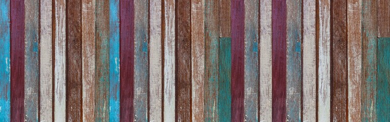 Wall Mural - Panorama of Old wooden house wall with many colors in vintage style texture and background seamless