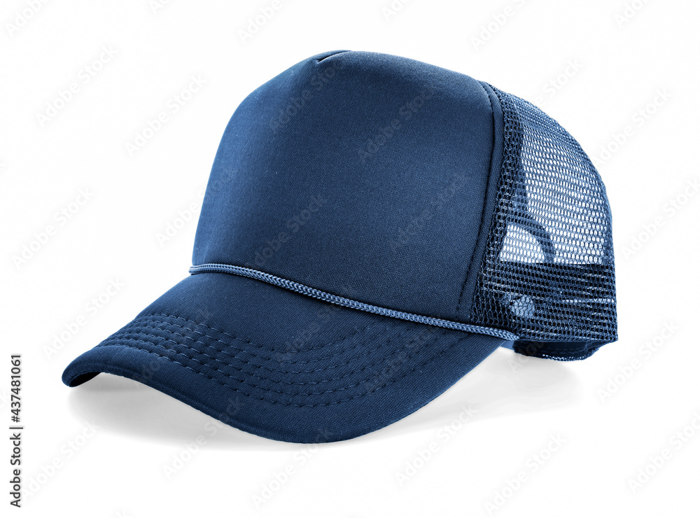 Side View Realistic Cap Mock Up In dark blue khaki texture is a high resolution hat mockup to help you present your designs or brand logo beautifully. Prussian blue