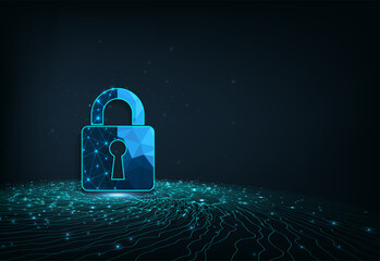 Fototapete - Network protection and Cyber security concept design.Visualization of cyber security With Padlock  lock on dark blue background.Cyber security concept.Vector illustration.