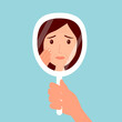 © Orapun - Young woman hand mirror worrying about her wrinkle on face in flat design. Wrinkle aging problem on female skin.