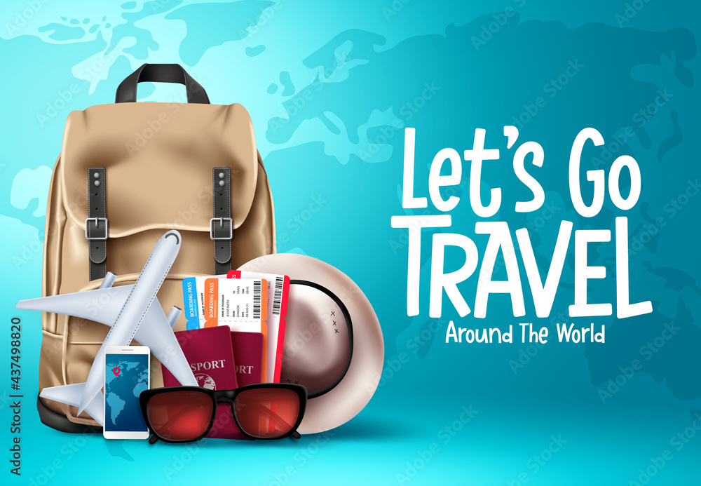 Travel vector template design. Let's go travel around the world text in blue map background for trip and tour worldwide vacation. Vector illustration
 - obrazy, fototapety, plakaty 