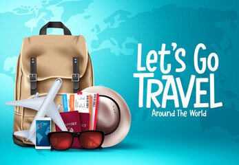 Travel vector template design. Let's go travel around the world text in blue map background for trip and tour worldwide vacation. Vector illustration
