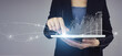 © Alexa Mat - Digital business and stock market. White tablet in businesswoman hand with digital hologram financial charts showing growing revenue In 2021 on grey. Successful international financial investment.