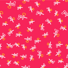 Sticker - Line Paintball gun icon isolated seamless pattern on red background. Vector