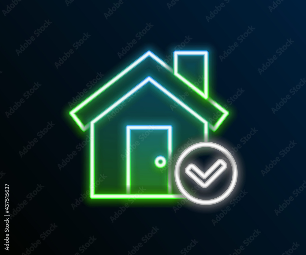 Glowing neon line House with check mark icon isolated on black ...