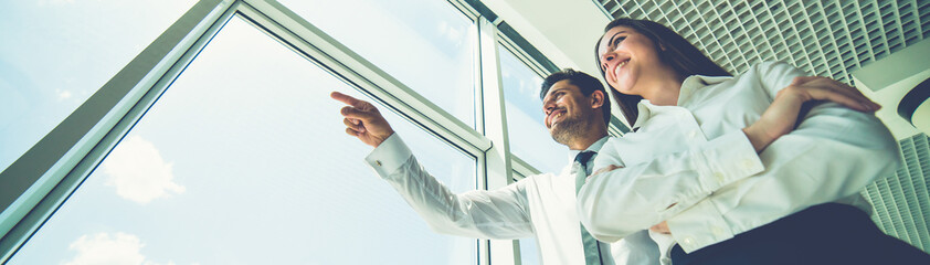 Wall Mural - The business man and woman stand near the window and gesture