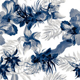 Indigo Watercolor Illustration. Cobalt Flower Leaf. Azure Seamless Plant. Blue Pattern Background. Gray Tropical Foliage. Navy Isolated Palm. Fashion Foliage.