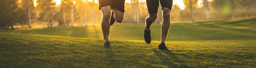 Wall Mural - The two men running on the grass against the sunny background