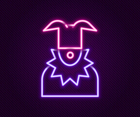 Sticker - Glowing neon line Joker head icon isolated on black background. Jester sign. Colorful outline concept. Vector