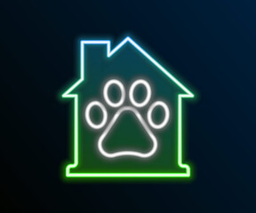 Sticker - Glowing neon line Pet house icon isolated on black background. Colorful outline concept. Vector