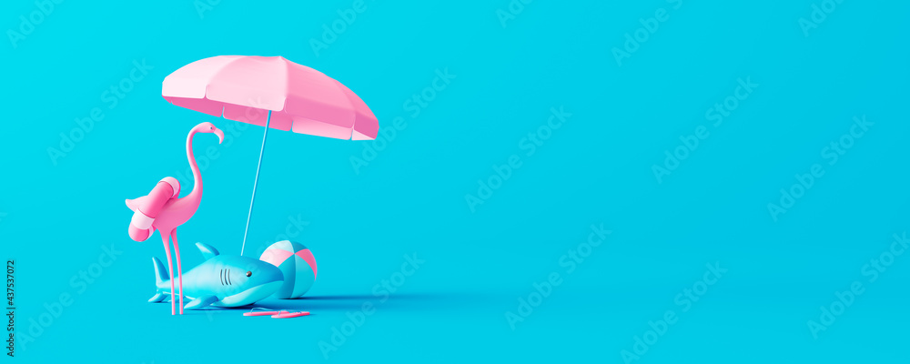 Pink flamingo and rubber shark with beach accessories on blue background. Summer vacation concept. 3D Render 3D illustration - obrazy, fototapety, plakaty 