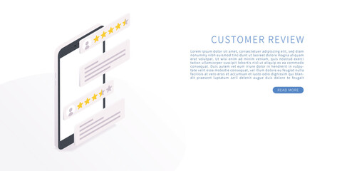 Customer review concept in isometric vector illustration. Rating on customer service and review. 