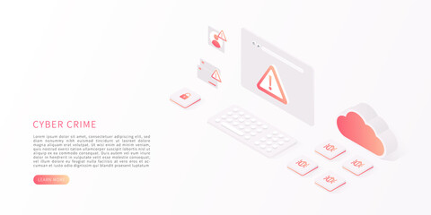 Cyber crime concept. Cyber attack by hacker, virus, malware. Isometric vector of computer virus, alert notification, hacking, malware. Vector illustration.