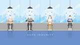 Fototapeta  - Herd immunity concept as virus protects bubble on people head. Immunized persons protect from harmful effects of virus. Stay together and return to normal life with social distancing in a coffee cafe.