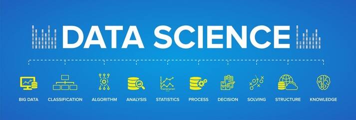 Data Science concept vector icons: Big Data, Classification, Analysis, Statistics, Decision, Structure, Algorithm, Process, Solving, Knowledge.