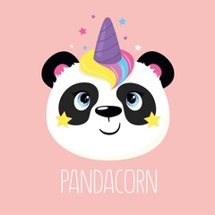 Wall Mural - Panda. Happy and cheerful panda unicorn with the word pandacorn. Vector illustration.