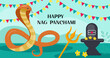 Happy Nag Panchami greeting card with king cobra. Snake Festival in India. Vector illustration