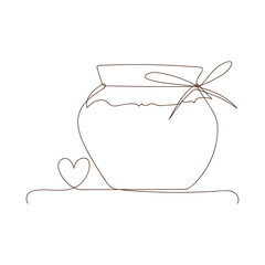 Preserved food, jar for jam, for honey, autumn and winter preservation. Simple line art glass canning jar with heart. Simple sketch, black line, outline style, linear silhouette, one line drawing.