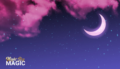 Wall Mural - mystical night sky background with crescent moon, pinc clouds and stars. vector illustration. moonli