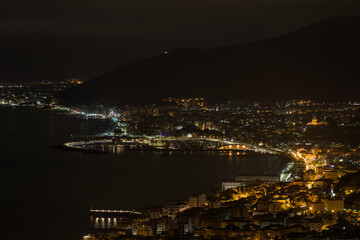 Borgio Verezzi, Italy. May 22th, 2021. Enchanting night panoramic view of Borgio Verezzi and the Ligurian Riviera.