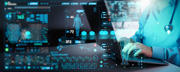 Medicine doctor working laptop computer for medical record of patient on interface. DNA.medical technology and futuristic concept.Digital healthcare and network on modern virtual screen.