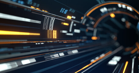 Wall Mural - abstract light patterns in a tunnel, technology background. vibrant gold stream internet data. 3d re