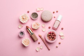 Sticker - Flat lay composition with makeup products, roses and macaron on pink background