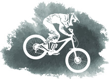Silhouette Of A Biker Descending On A Mountain Bike Vector Illustration