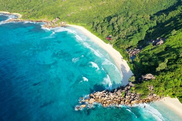 Wall Mural - Scenic view of beautiful tropical beach and landscape. Nature background. La Digue island, Seychelles