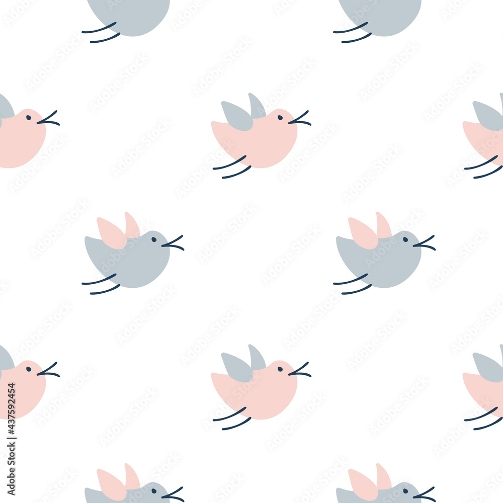 Seamless pattern with cute cartoon birds, doodle style. Hand drawn vector scandinavian illustration. Design for baby textile, wallpaper spring, web, fabric and decor - obrazy, fototapety, plakaty 