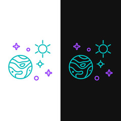 Poster - Line Space and planet icon isolated on white and black background. Planets surface with craters, stars and comets. Colorful outline concept. Vector