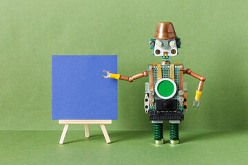 Advertising project on a wooden easel. Robot with blank blue paper poster. billboard, frame and invitation concept, empty frame mockup, copy space canvas billboard. black background