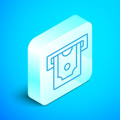 Sticker - Isometric line ATM - Automated teller machine and money icon isolated on blue background. Silver square button. Vector