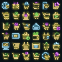Sticker - Cart supermarket icons set. Outline set of cart supermarket vector icons neon color on black